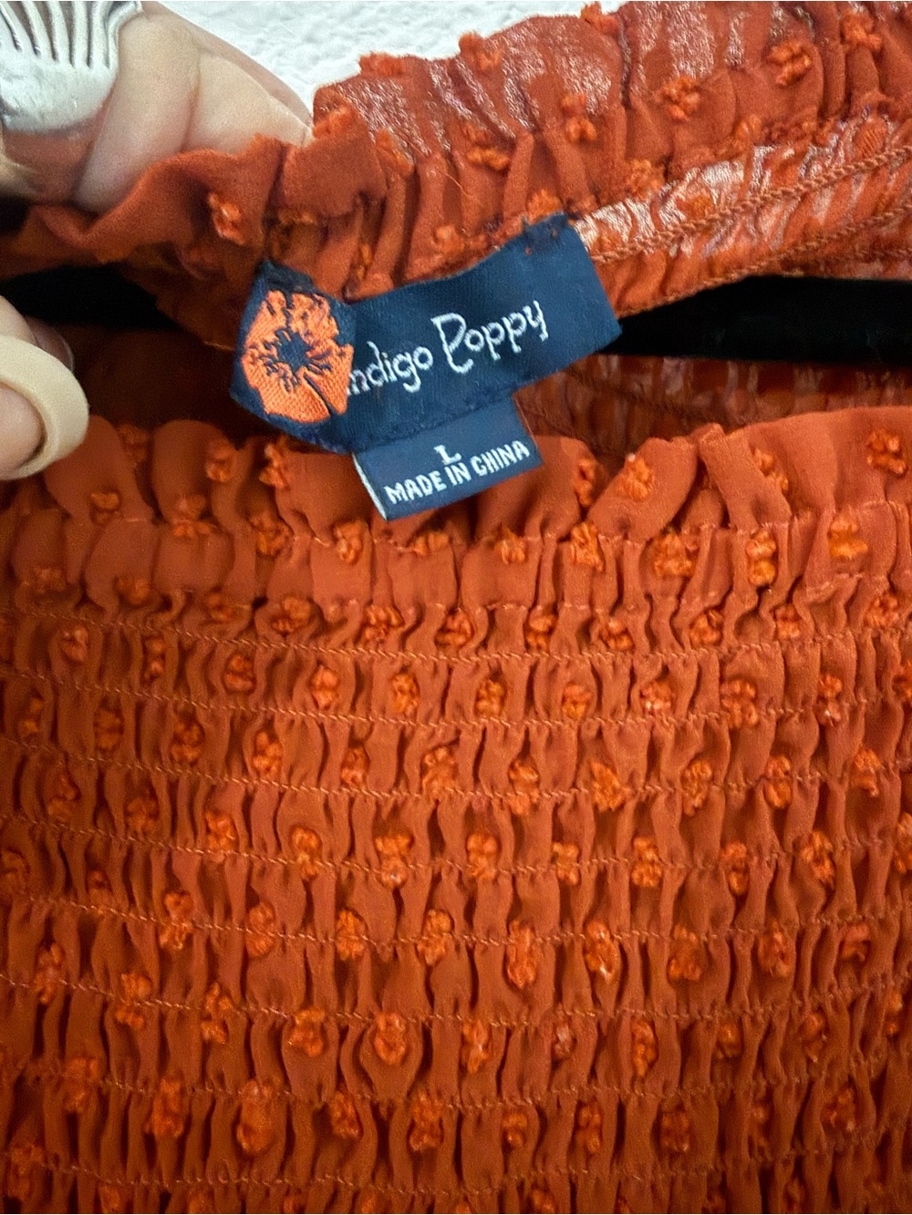 Indigo Poppy Rust Orange Smocked Swiss Dot Peasant Blouse Boho Top Size L - Picture 4 of 5